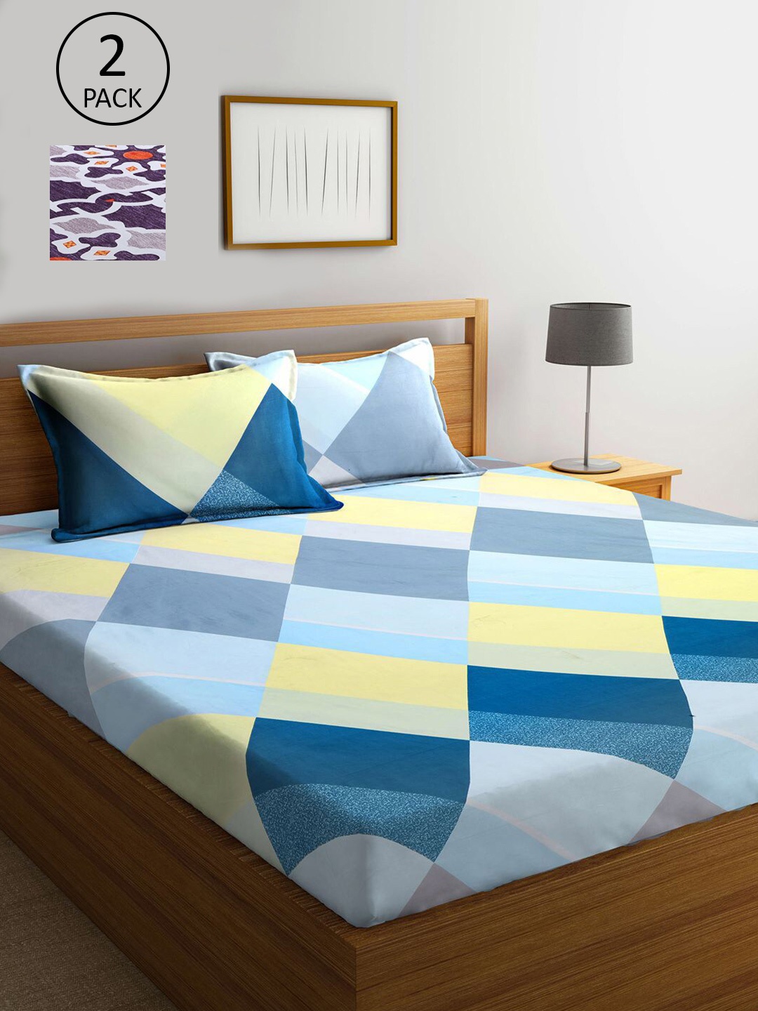 

KLOTTHE Blue & Yellow Geometric 210 TC Set Of 2 King Bedsheet with 4 Pillow Covers