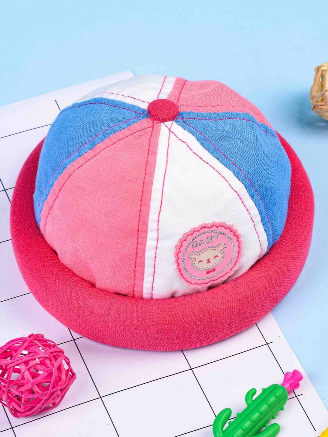 

POPLINS Unisex Kids Pink & White Colourblocked Cotton Beanie