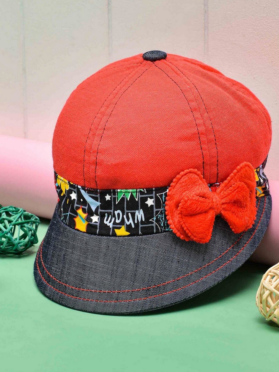 

POPLINS Unisex Kids Red & Navy Blue Colourblocked Cotton Visor Cap