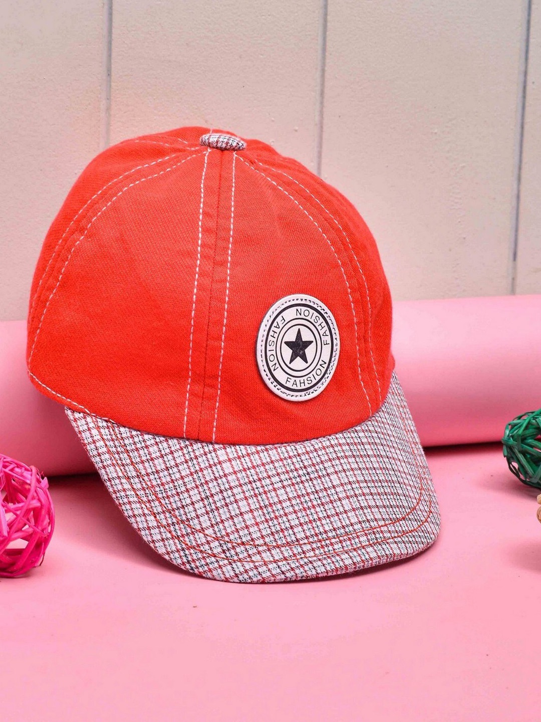 

POPLINS Unisex Kids Red & White Colourblocked Cotton Baseball Cap