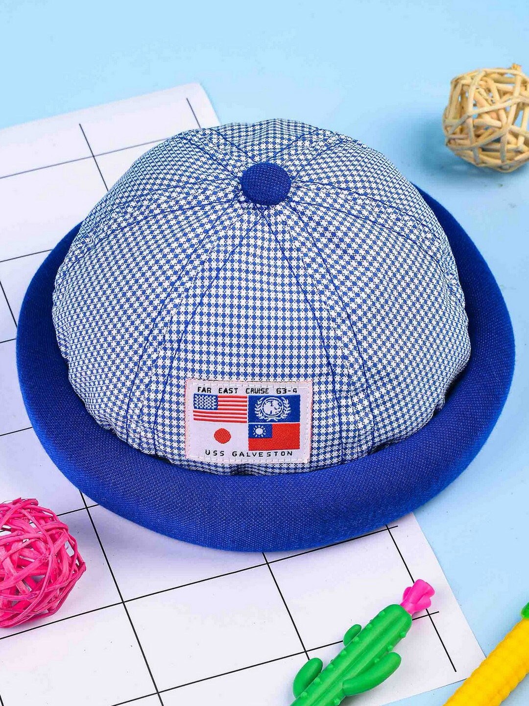 

POPLINS Kids Blue & White Checked Cotton Beanie