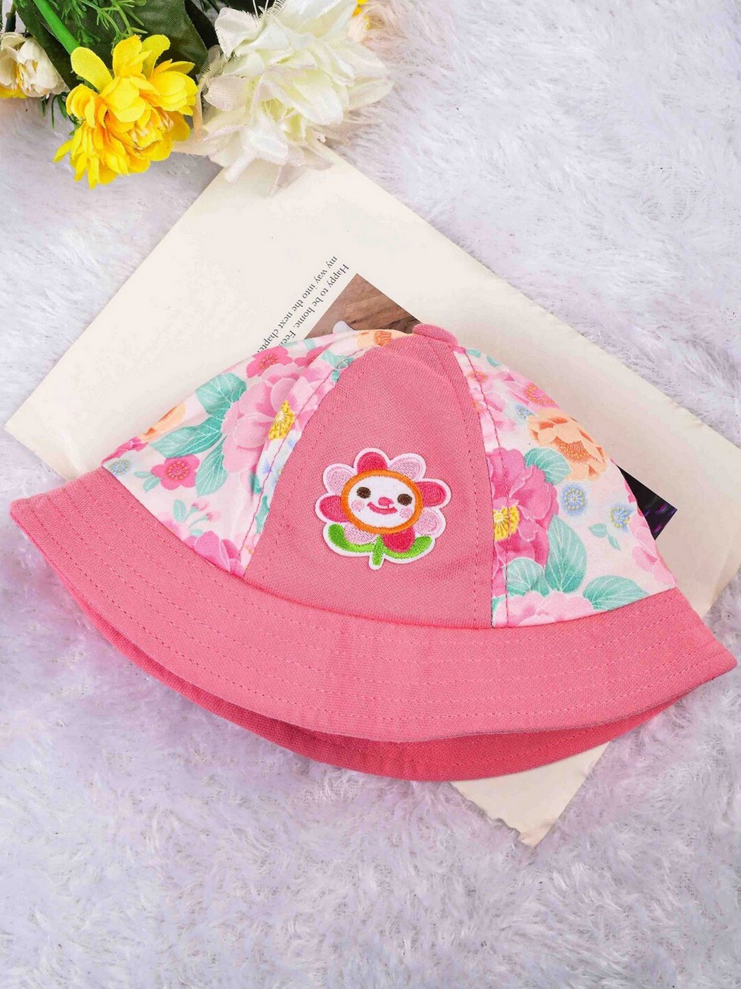 

POPLINS Unisex Kids Pink & White Printed Cotton Beanie