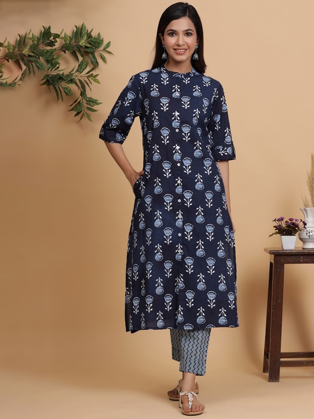 

mirari Women Blue Ethnic Motifs Printed Panelled Pure Cotton A-line Kurta with Trousers