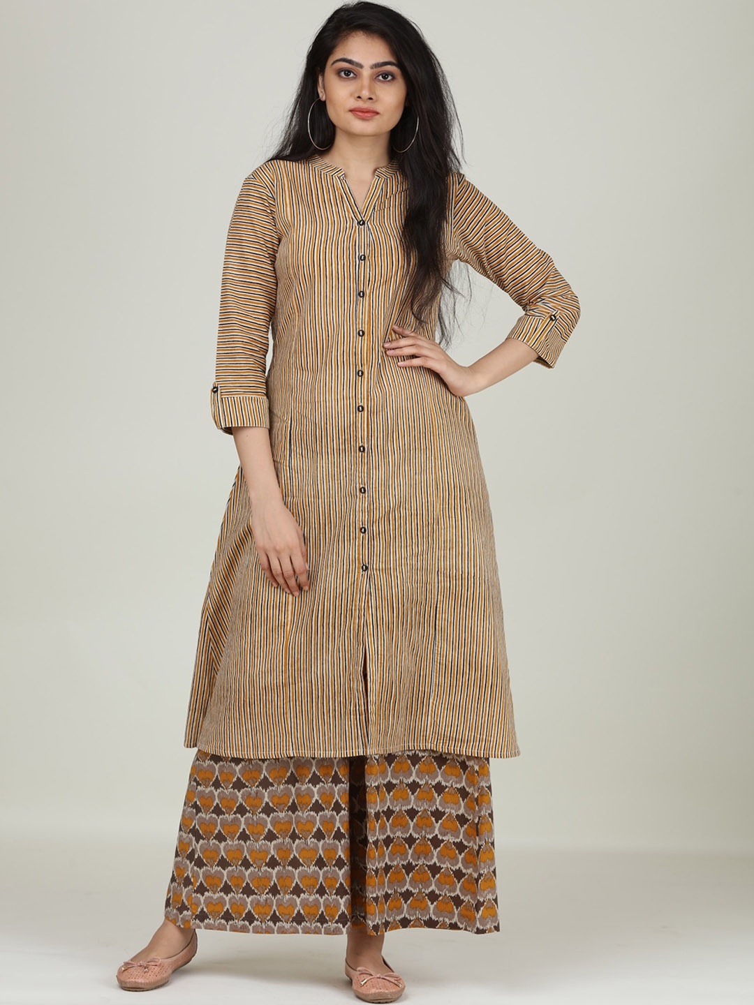 

mirari Women Brown Ethnic Motifs Striped Pure Cotton A-line Kurta with Palazzos