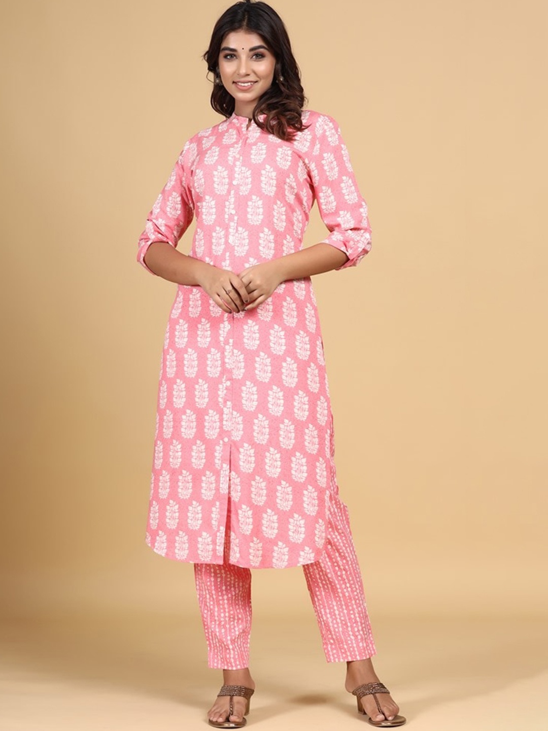 

mirari Women Pink Ethnic Motifs Printed Pure Cotton A-line Kurta with Trousers