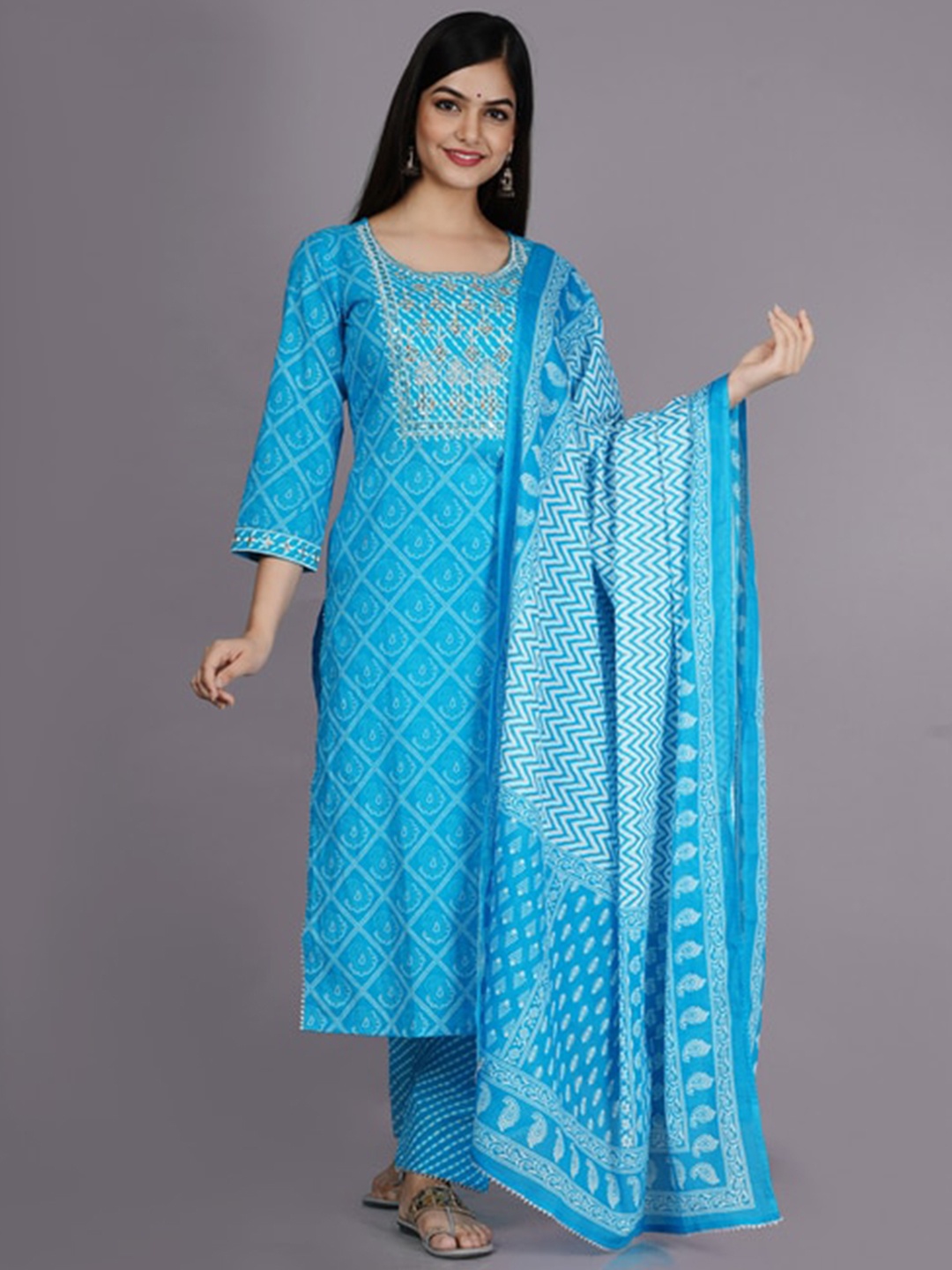 

NITVAN Women Blue Ethnic Motifs Embroidered Cotton Kurta with Trousers & With Dupatta