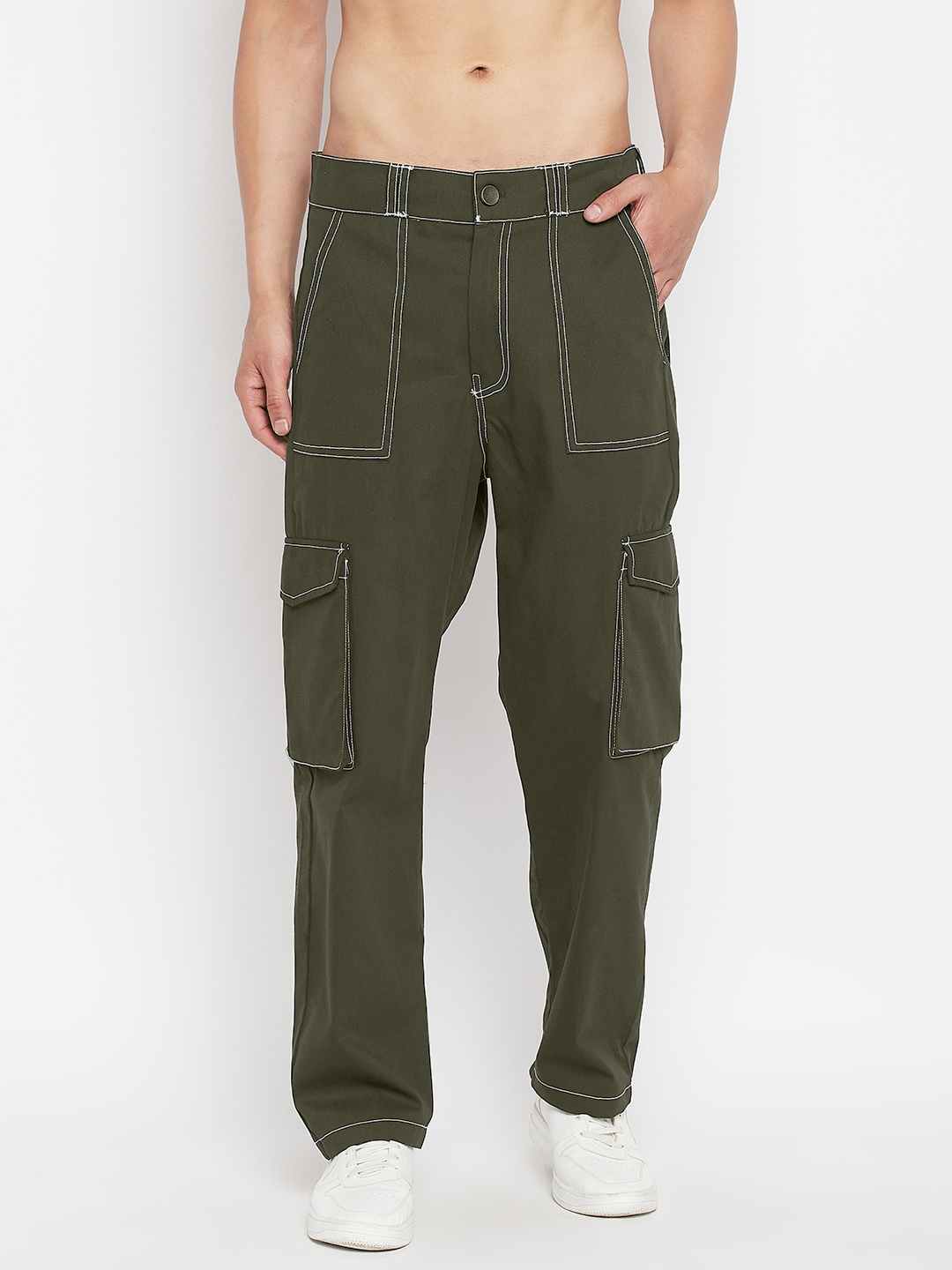 

FUGAZEE Men Olive Green Relaxed Loose Fit Cargos Trousers