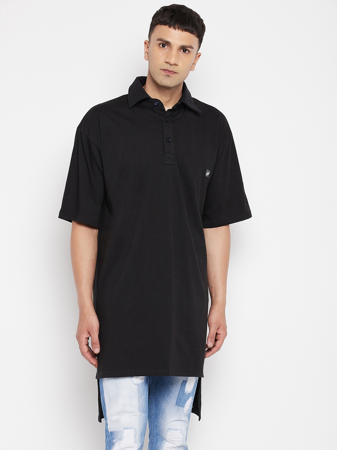 

FUGAZEE Men Black Polo Collar Longline Oversized T-shirt