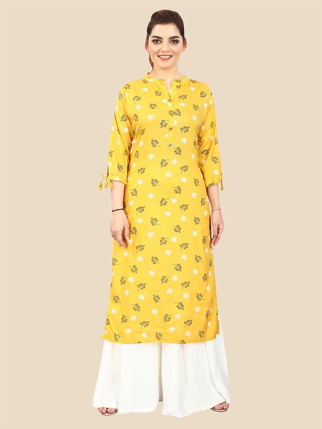

FEMMIBELLA Women Yellow & Grey Floral Printed Kurti
