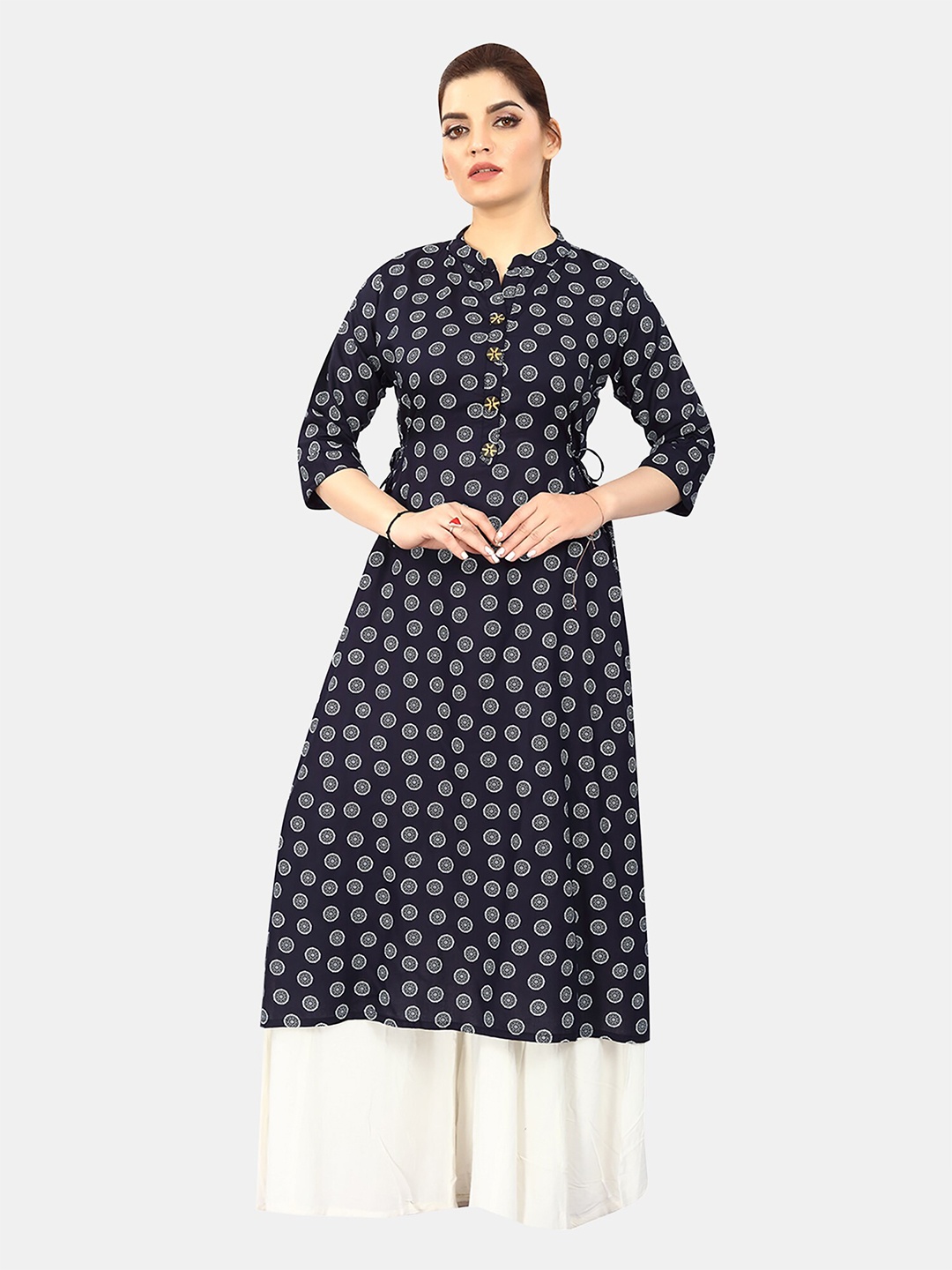 

FEMMIBELLA Women Navy Blue & White Ethnic Motifs Printed Cotton A-line Kurta