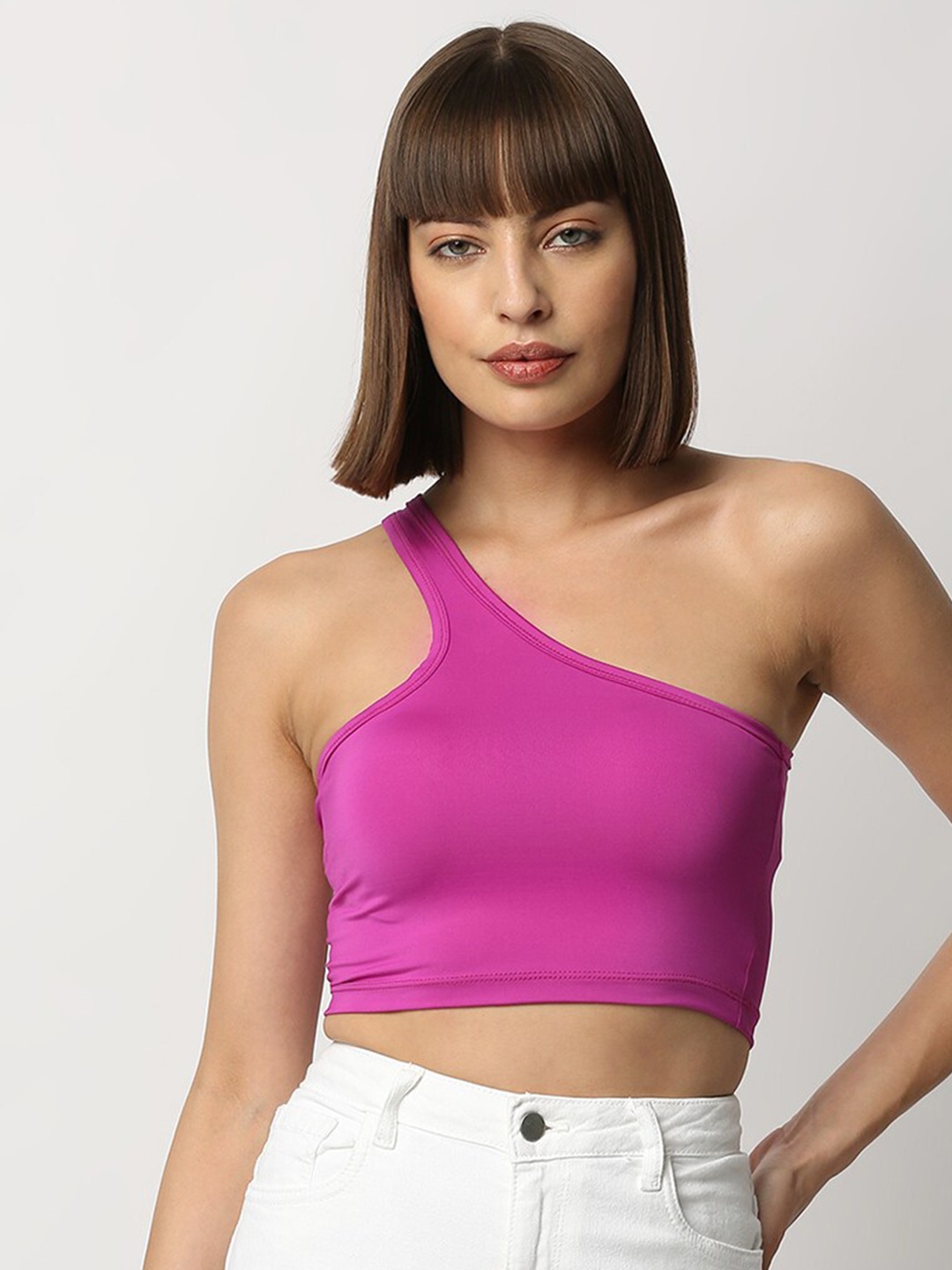 

Disrupt Purple Solid One Shoulder Fitted Crop Top