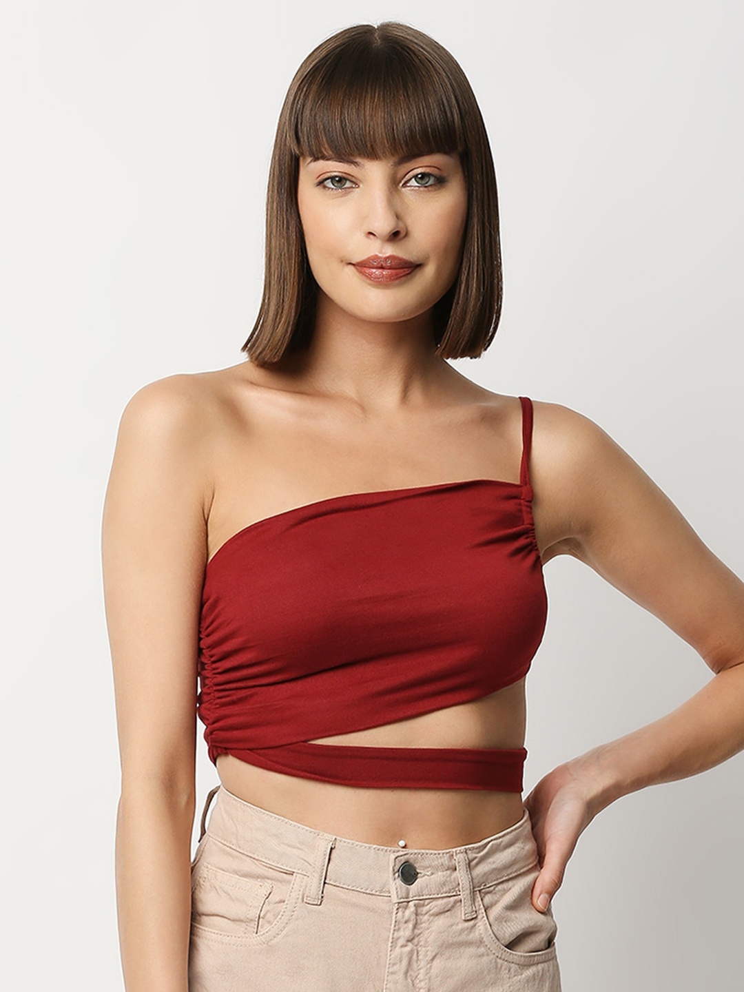 

Disrupt Maroon One Shoulder Cut-Out Crop Top