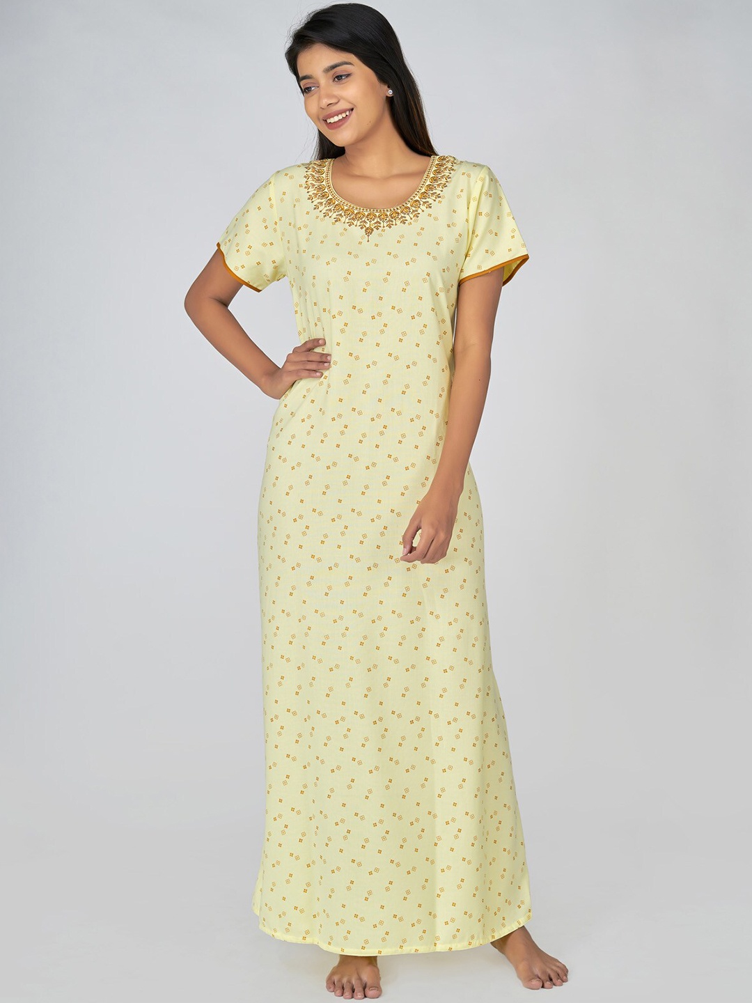 

Maybell Women Yellow Embroidered Maxi Nightdress