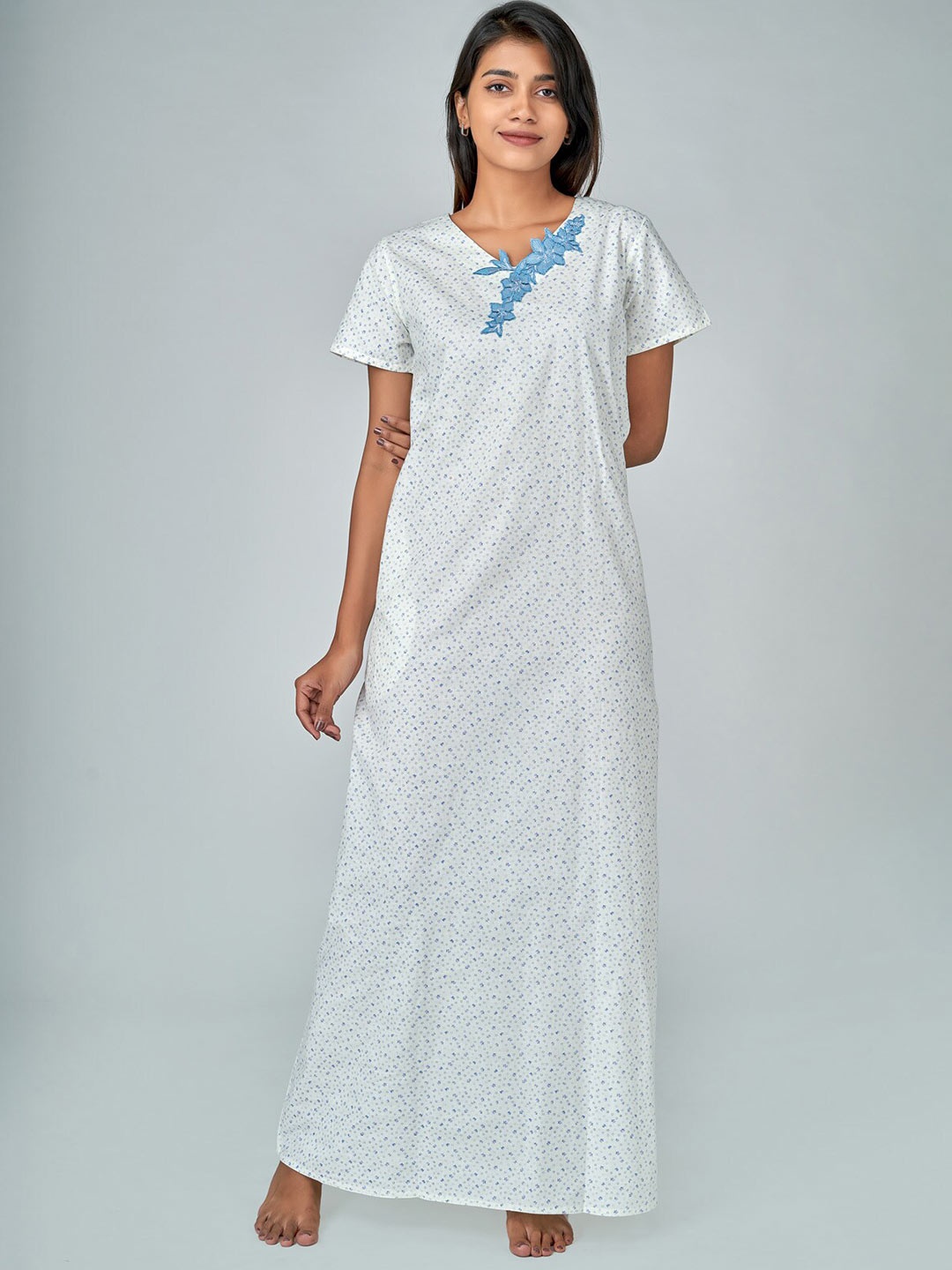 

Maybell Blue Printed Pure Cotton Maxi Nightdress