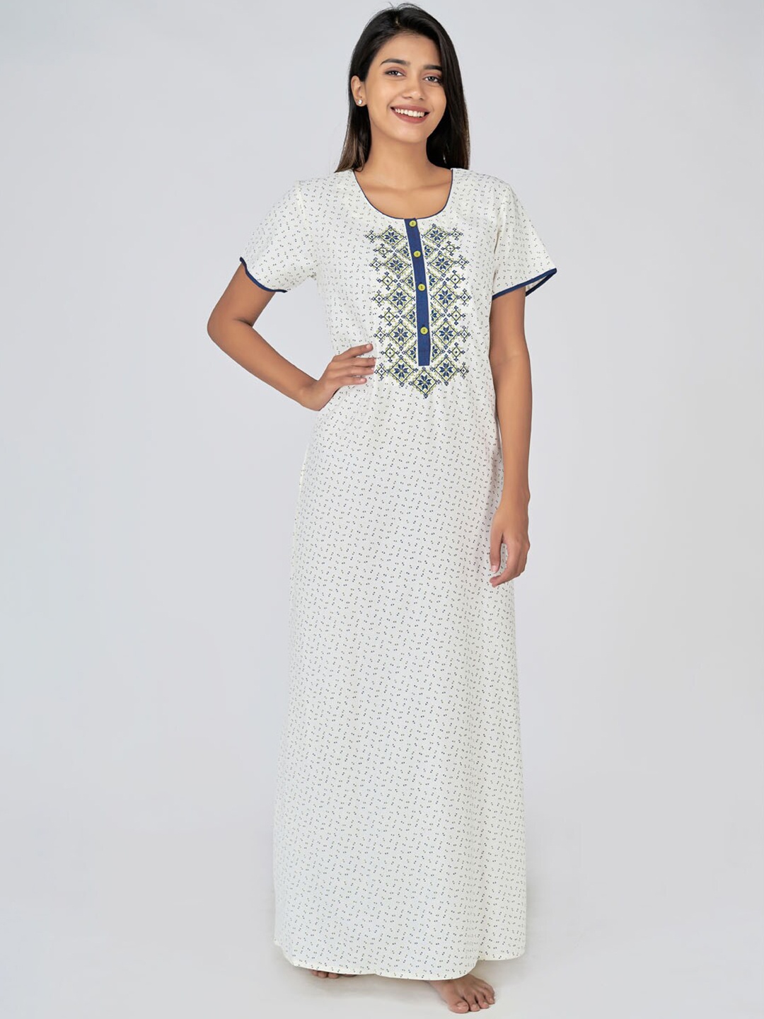 

Maybell Women White Printed Pure Cotton Maxi Nightdress