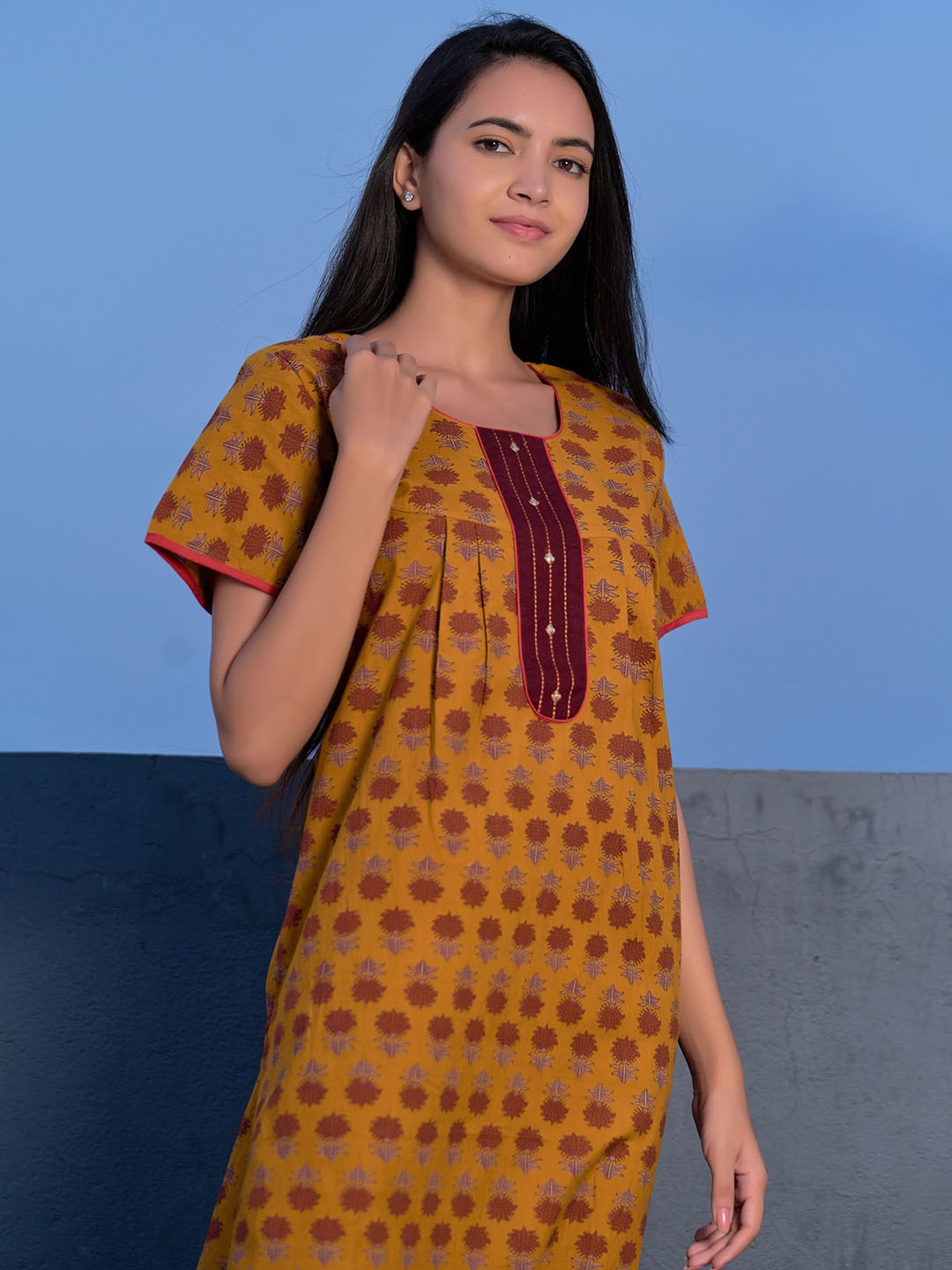

Maybell Mustard Printed Pure Cotton Maxi Nightdress