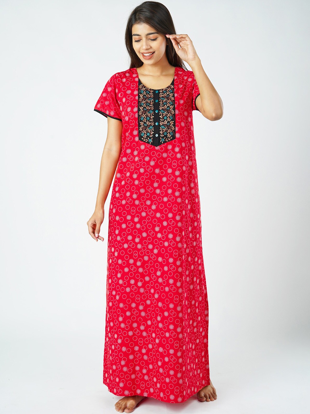 

Maybell Women Red Printed Pure Cotton Maxi Nightdress