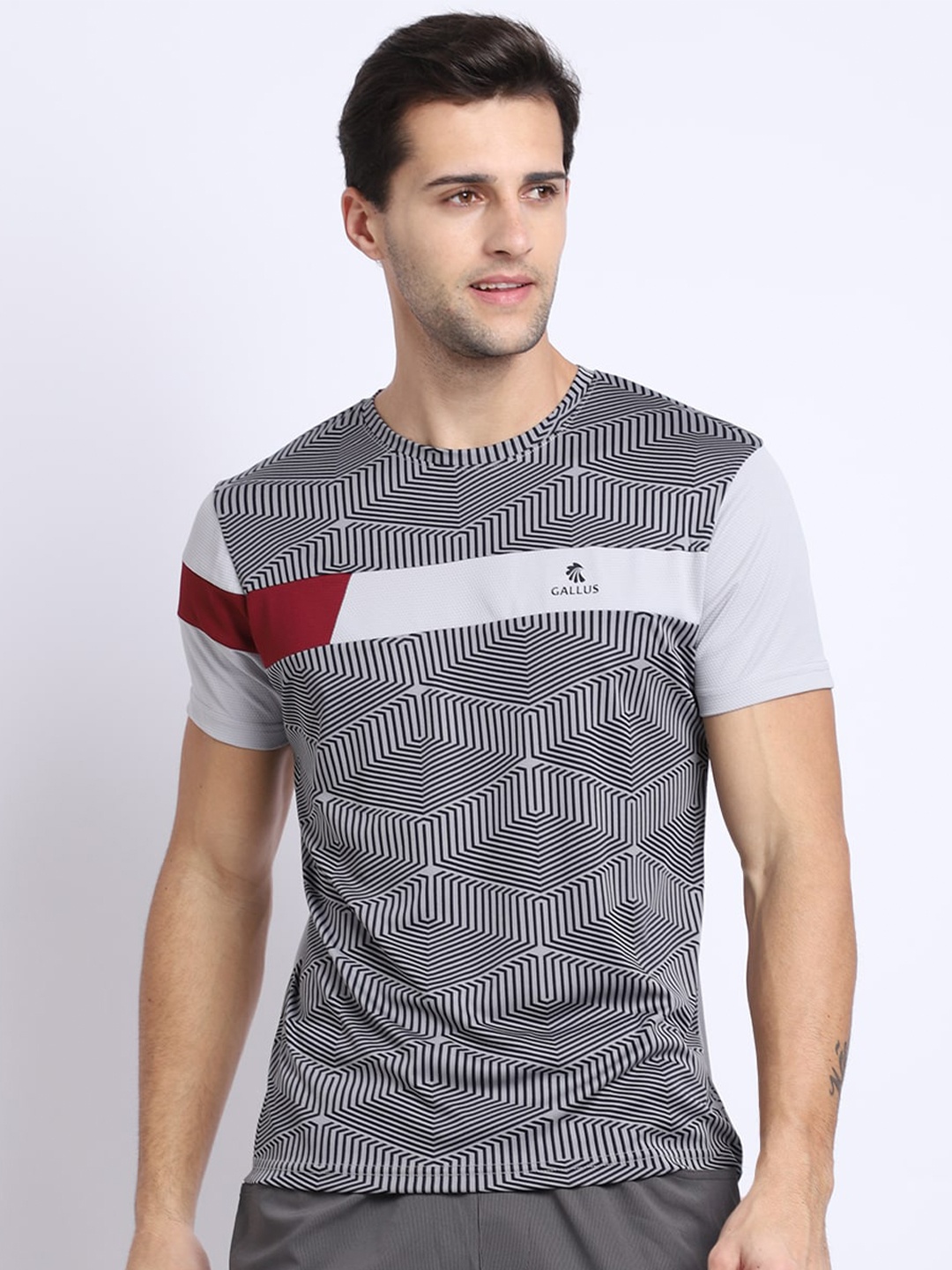 

Gallus Men Grey & White Printed Dri-FIT Training or Gym T-shirt