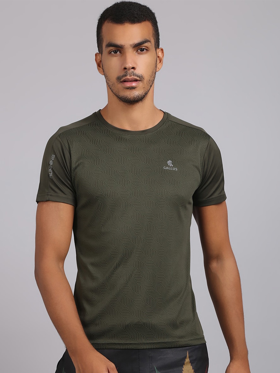 

Gallus Men Olive Green Printed Dri-FIT Training or Gym T-shirt