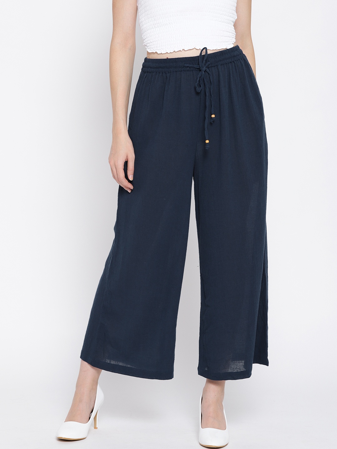 

Global Desi Women Navy Blue Solid Regular Fit Parallel Trousers
