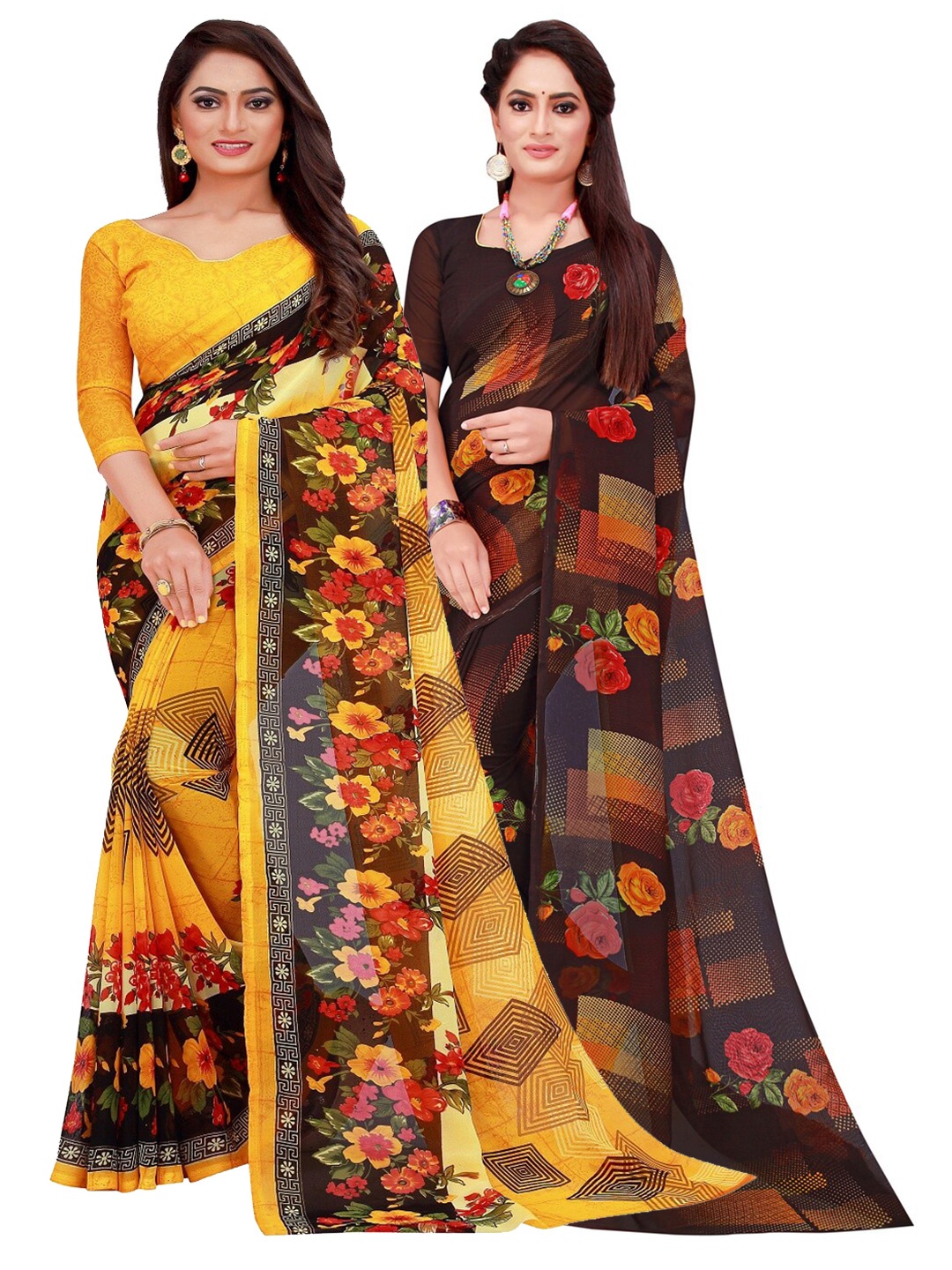 

KALINI Pack Of 2 Yellow & Red Pure Georgette Saree