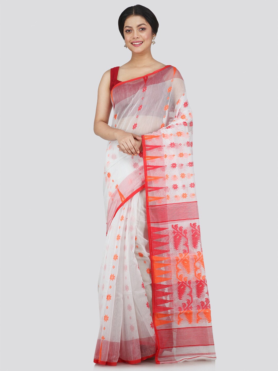 

PinkLoom White & Red Woven Design Jamdani Saree