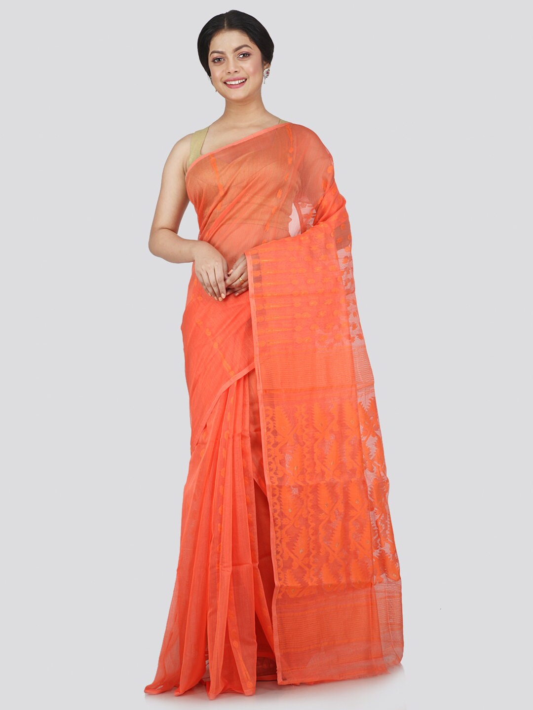 

PinkLoom Orange Woven Design Jamdani Saree