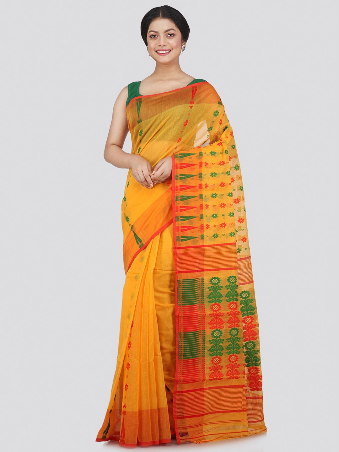 

PinkLoom Yellow & Green Woven Design Jamdani Saree