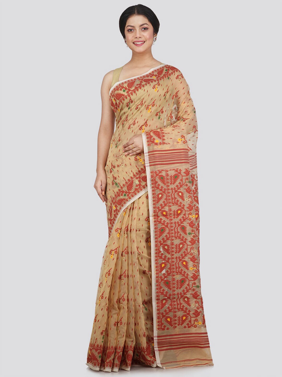 

PinkLoom Beige & Red Woven Design Pure Cotton Jamdani Saree