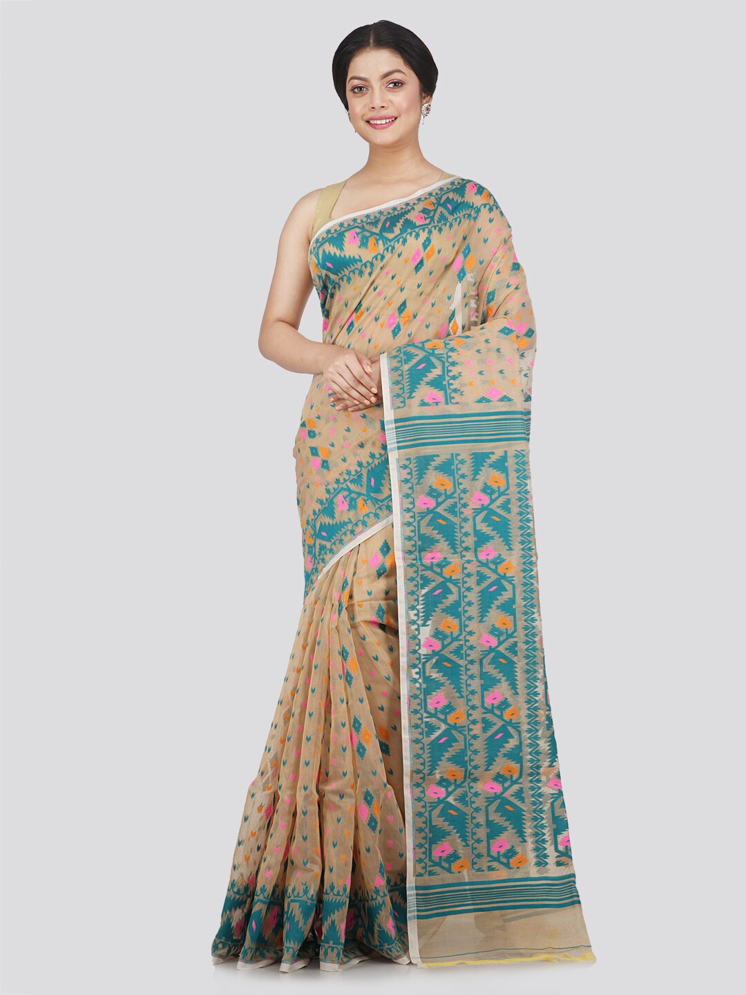 

PinkLoom Beige & Blue Woven Design Pure Cotton Jamdani Saree