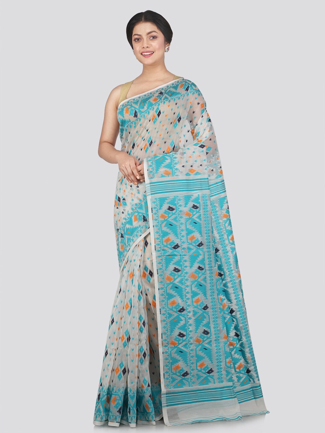 

PinkLoom White & Blue Woven Design Pure Cotton Jamdani Saree