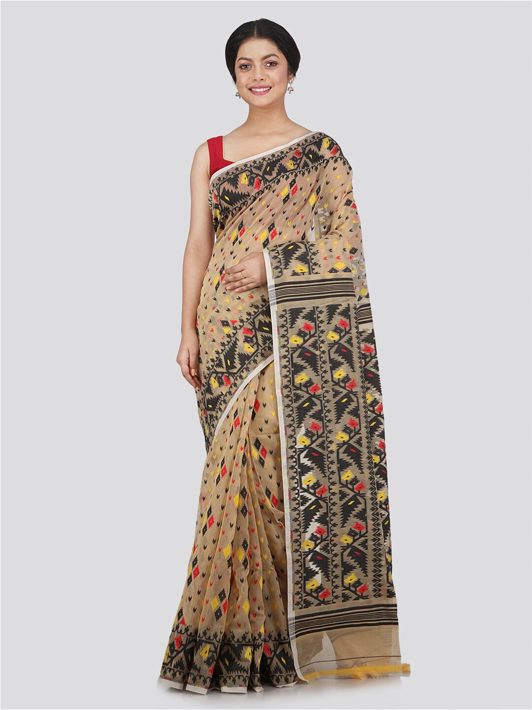 

PinkLoom Beige & Red Woven Design Pure Cotton Jamdani Saree