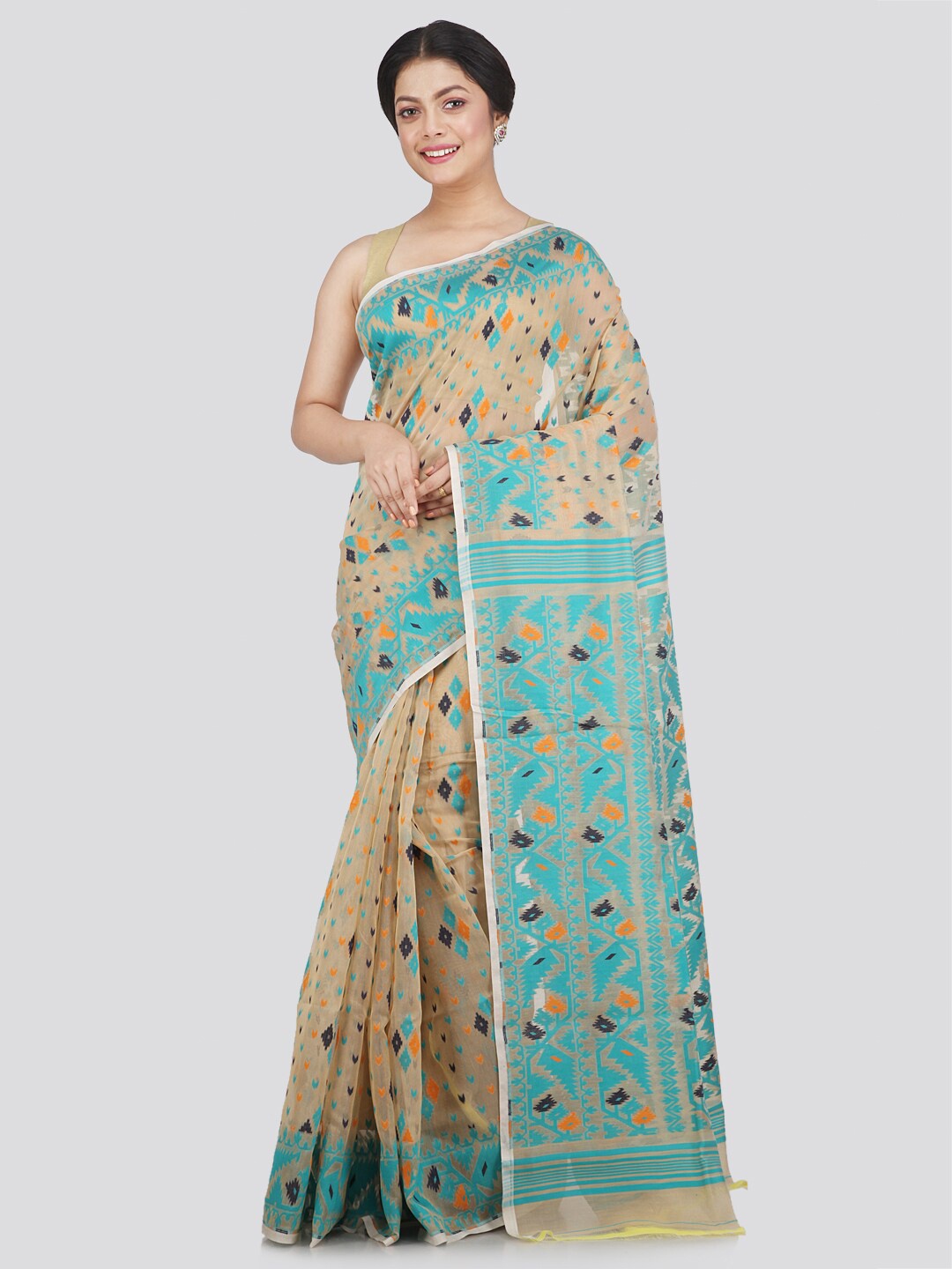 

PinkLoom Beige & Blue Woven Design Pure Cotton Jamdani Saree
