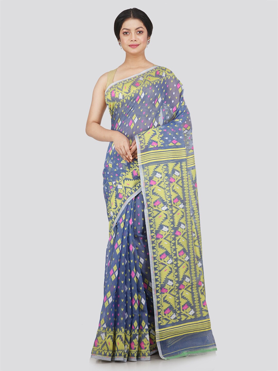 

PinkLoom Blue & Yellow Woven Design Pure Cotton Jamdani Saree