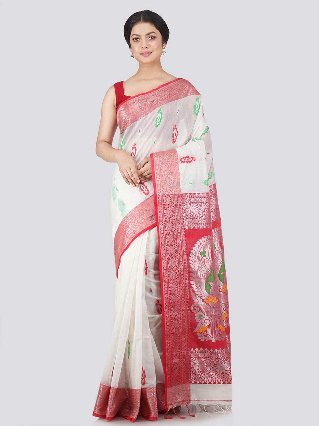 

PinkLoom White & Red Woven Design Saree