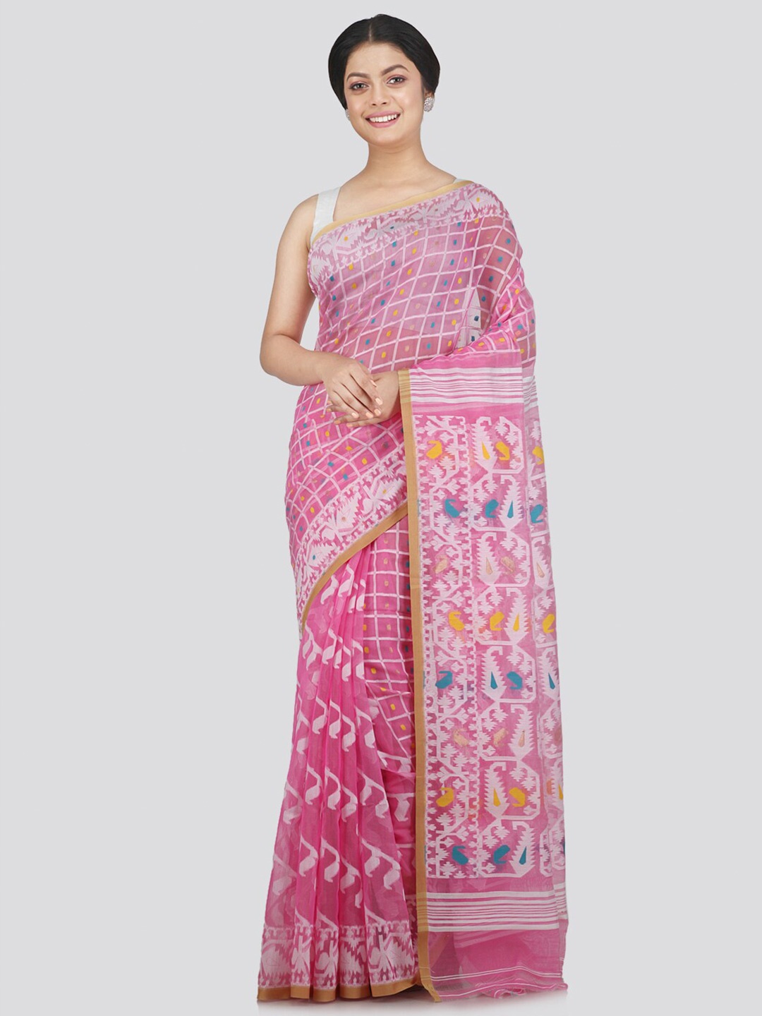 

PinkLoom Pink & White Woven Design Pure Cotton Jamdani Saree