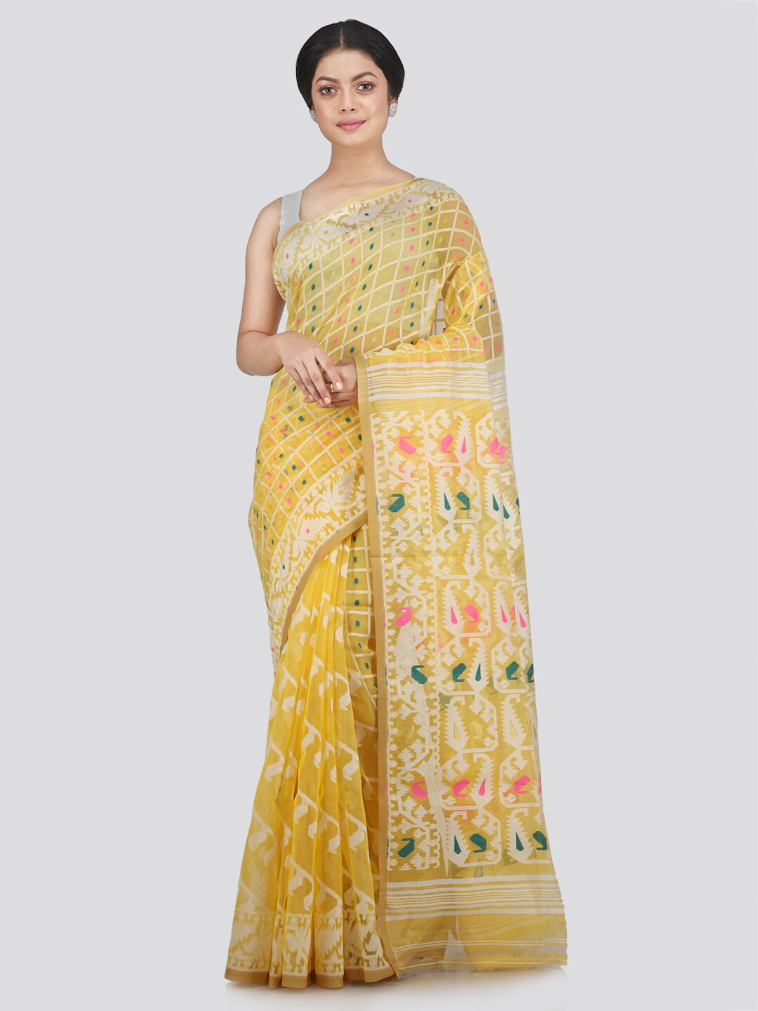 

PinkLoom Yellow & Pink Woven Design Pure Cotton Jamdani Saree