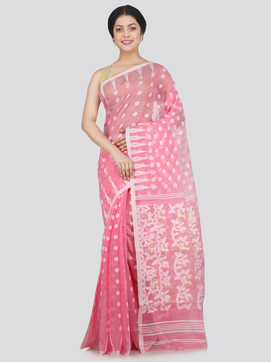 

PinkLoom Pink & White Woven Design Jamdani Saree