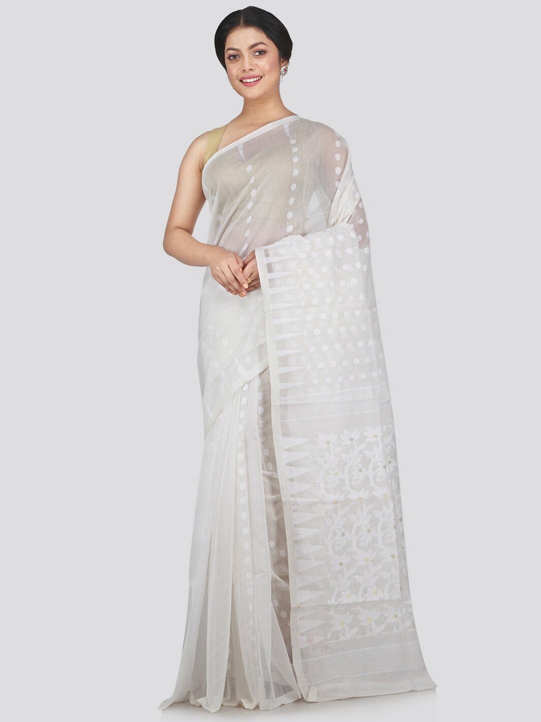 

PinkLoom White & Brown Woven Design Jamdani Saree