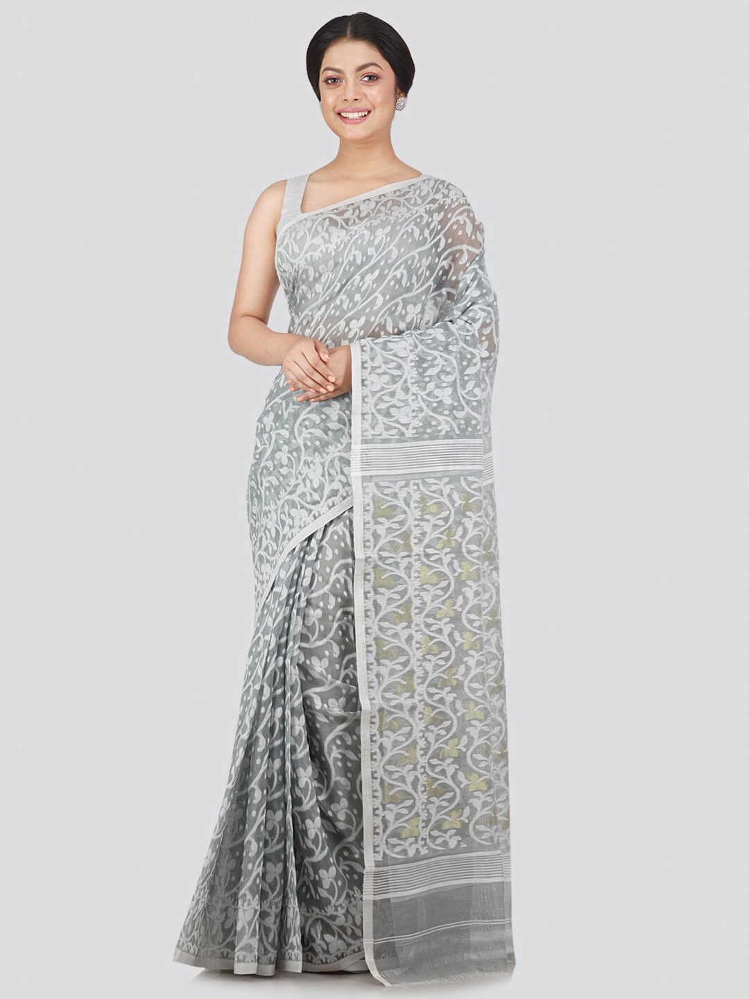 

PinkLoom Grey & White Woven Design Pure Cotton Jamdani Saree