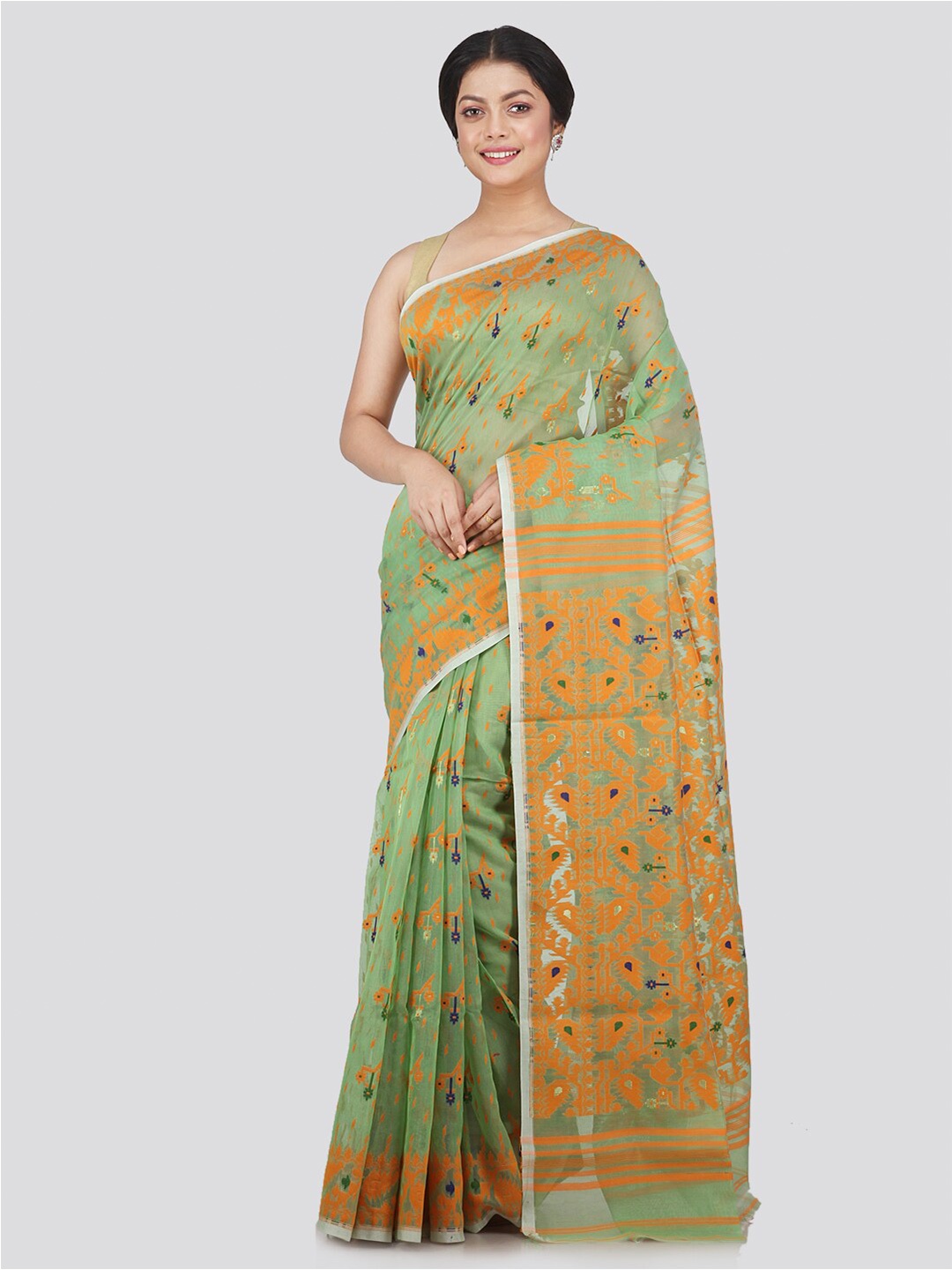 

PinkLoom Green & Mustard Woven Design Pure Cotton Jamdani Saree