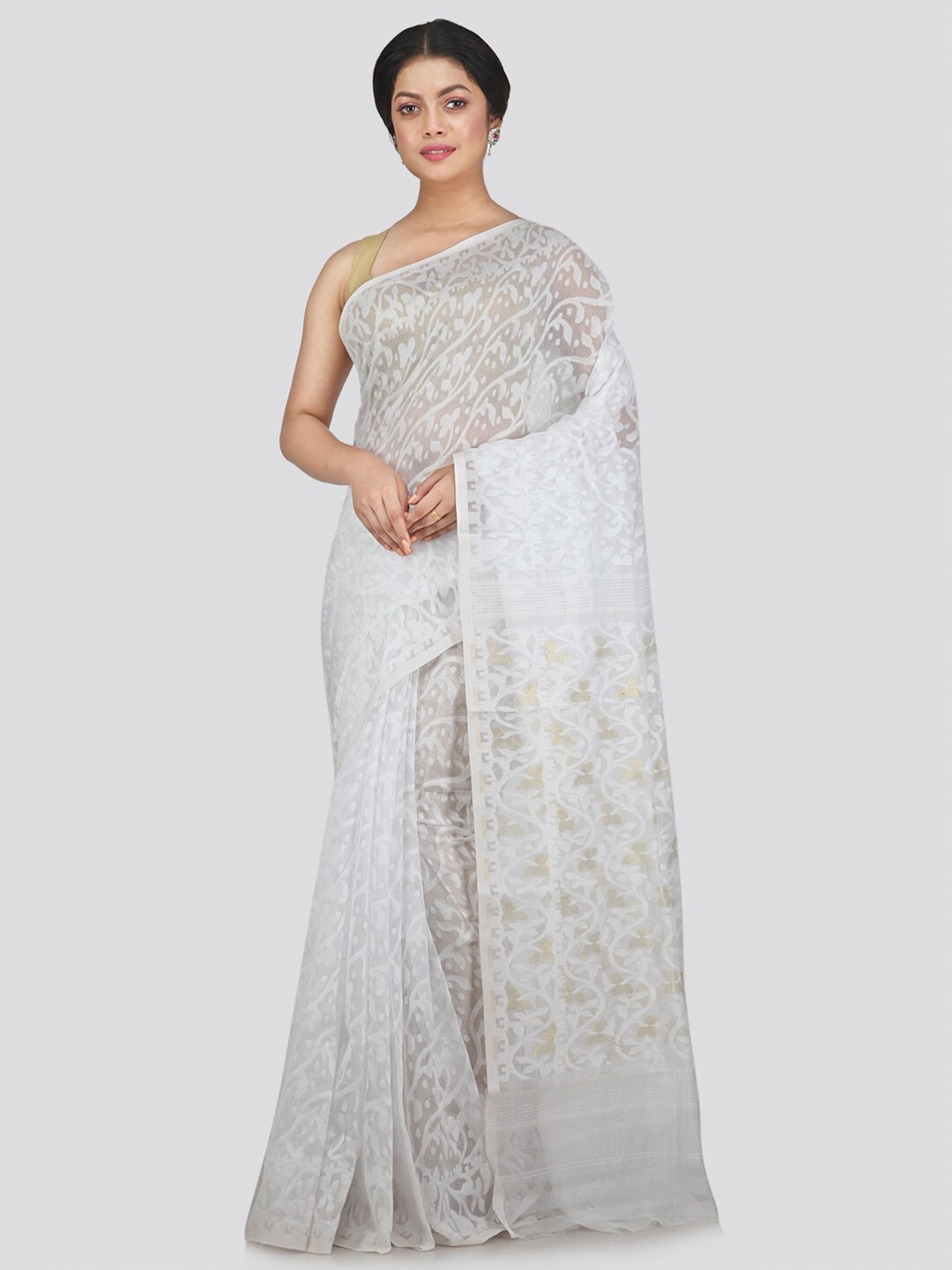 

PinkLoom White Woven Design Pure Cotton Jamdani Saree