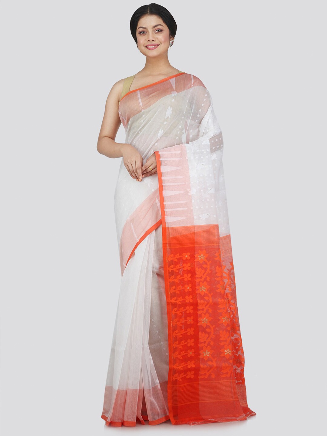 

PinkLoom White & Orange Woven Design Jamdani Saree