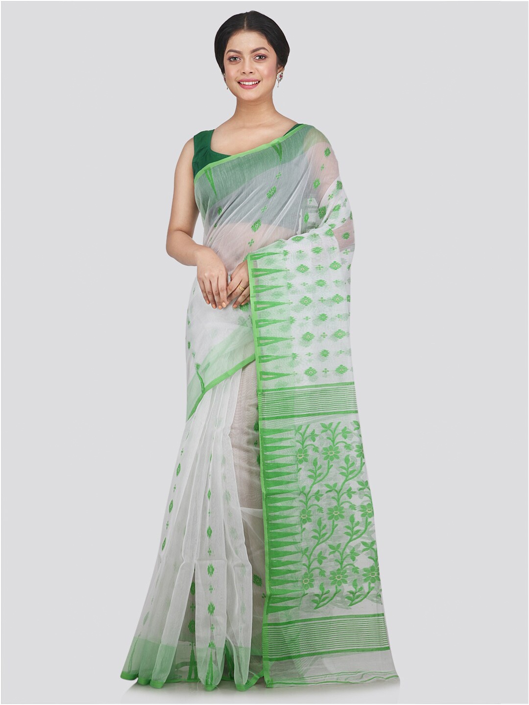 

PinkLoom White & Green Woven Design Jamdani Saree