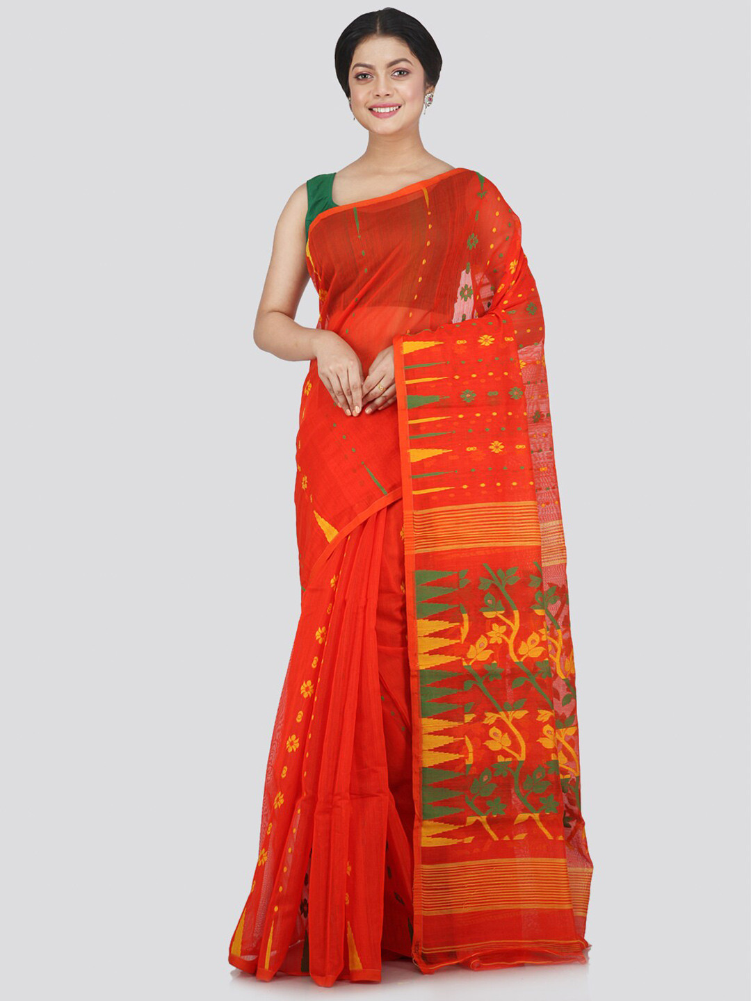 

PinkLoom Orange & Green Woven Design Jamdani Saree