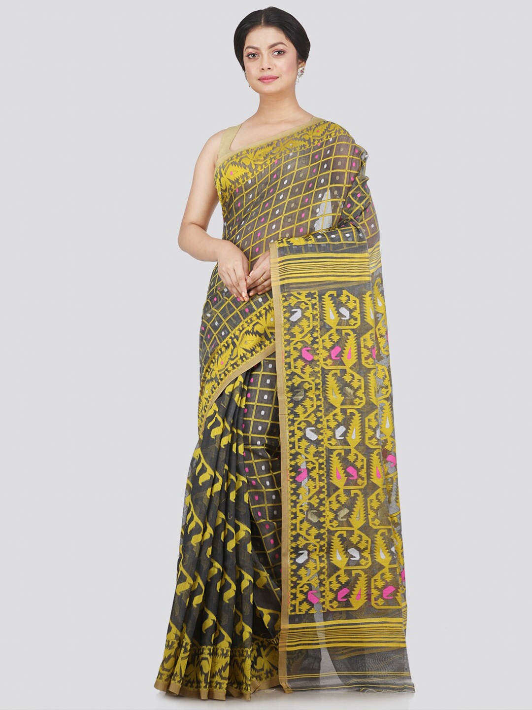 

PinkLoom Grey & Yellow Woven Design Pure Cotton Jamdani Saree