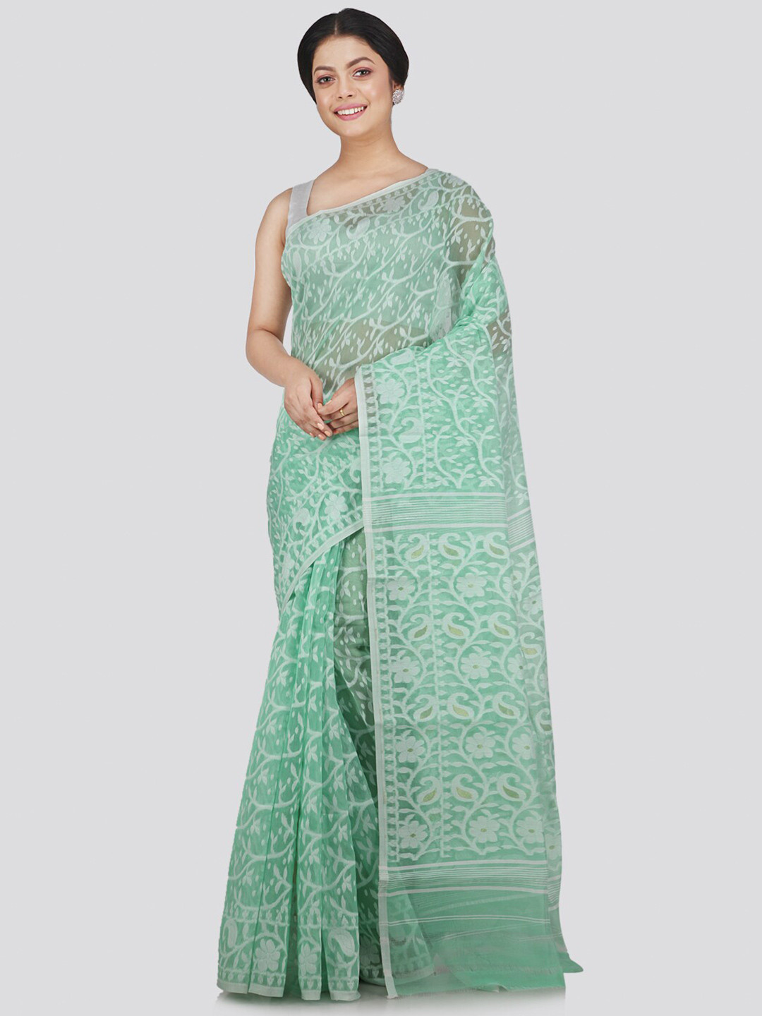 

PinkLoom Green Woven Design Pure Cotton Jamdani Saree
