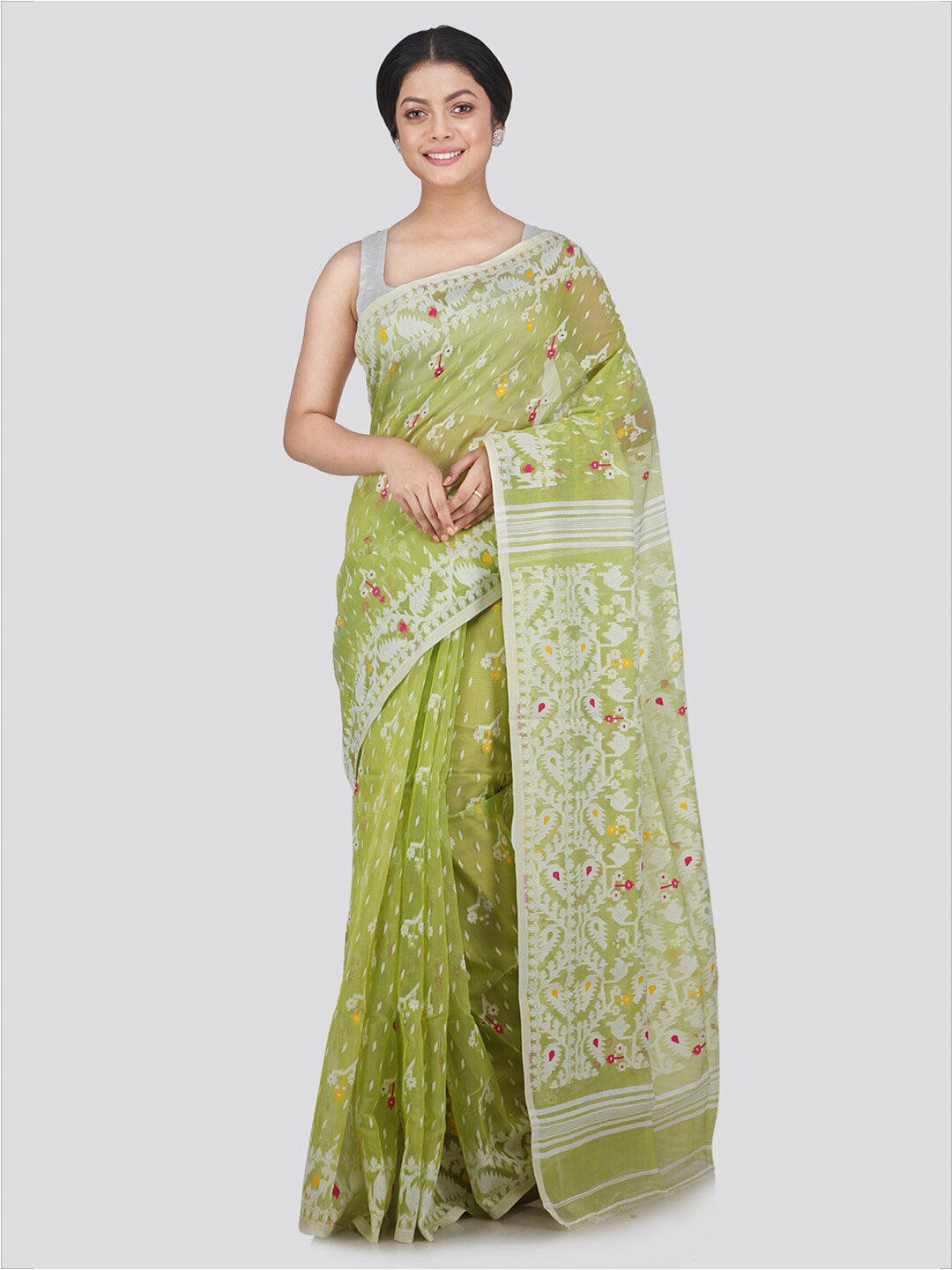 

PinkLoom Green & White Woven Design Pure Cotton Jamdani Saree