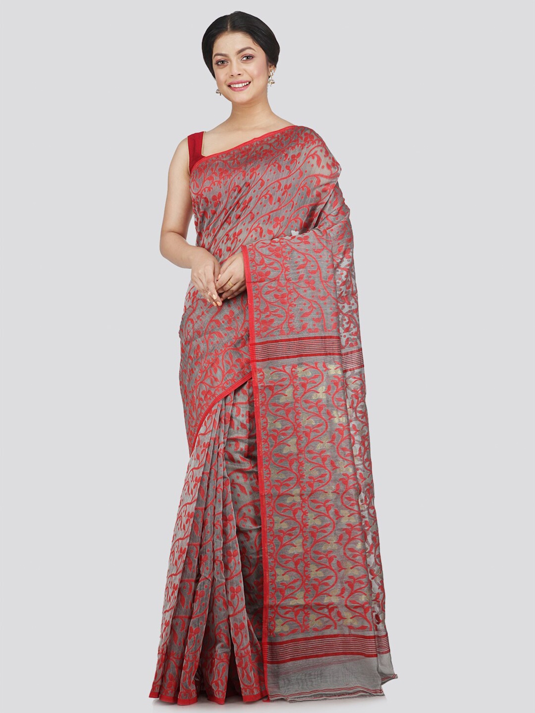 

PinkLoom Grey & Red Woven Design Pure Cotton Jamdani Saree