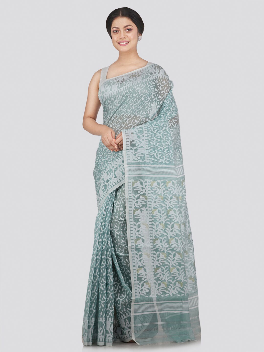 

PinkLoom Grey & White Woven Design Pure Cotton Jamdani Saree